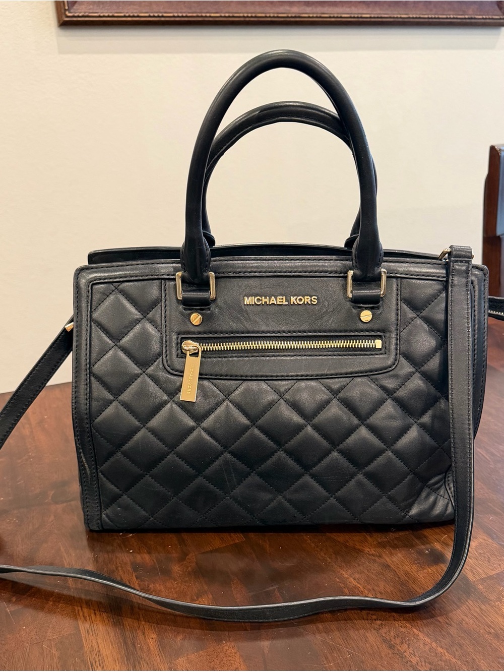 Michael Kors Black Quilted Leather Satchel with Gold Hardware